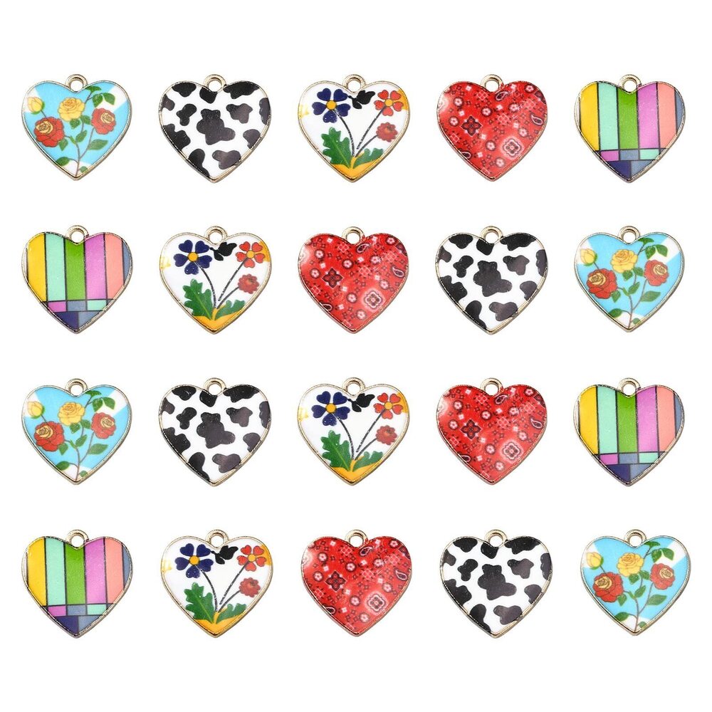 5747 25pcs Enamel Heart Charms Kawaii Cow Pattern Flower Valentine Mosaic